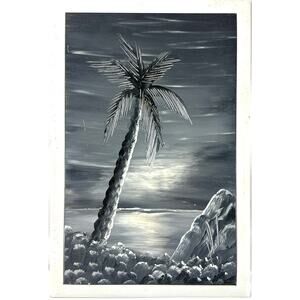 Vintage Mexican Hand Painted Ceramic Tile Palm Tree Moonlit Seascape 8x12